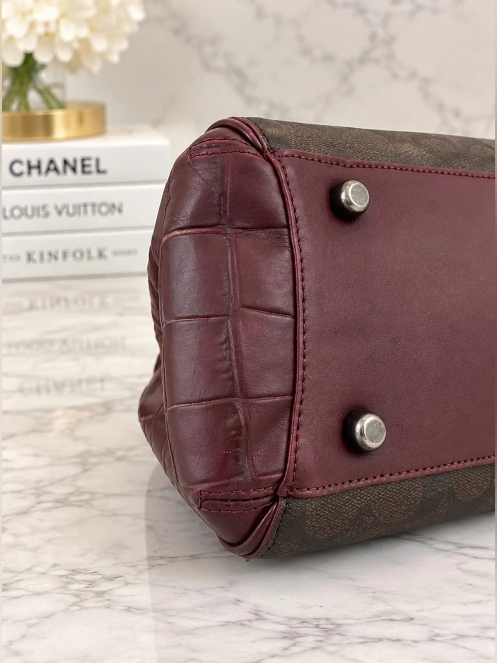 Coach Carry all satchel handbag monogram brown burgundy phyton handle embossed